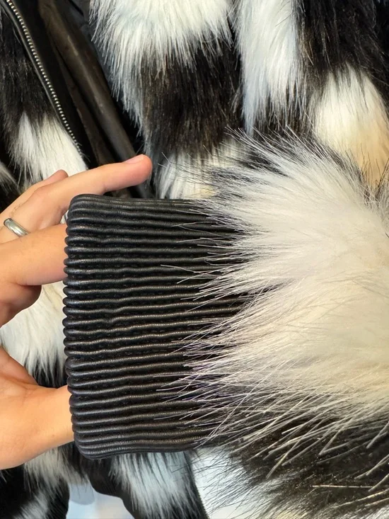 SMFK Plan C Checkered Faux Fur Bomber Jacket Black White Size 1 - Picture 10 of 13